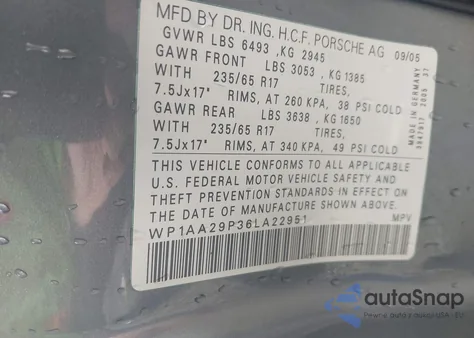 2006 Porsche Cayenne из США, поврежденный, VIN WP1AA29P36LA22951